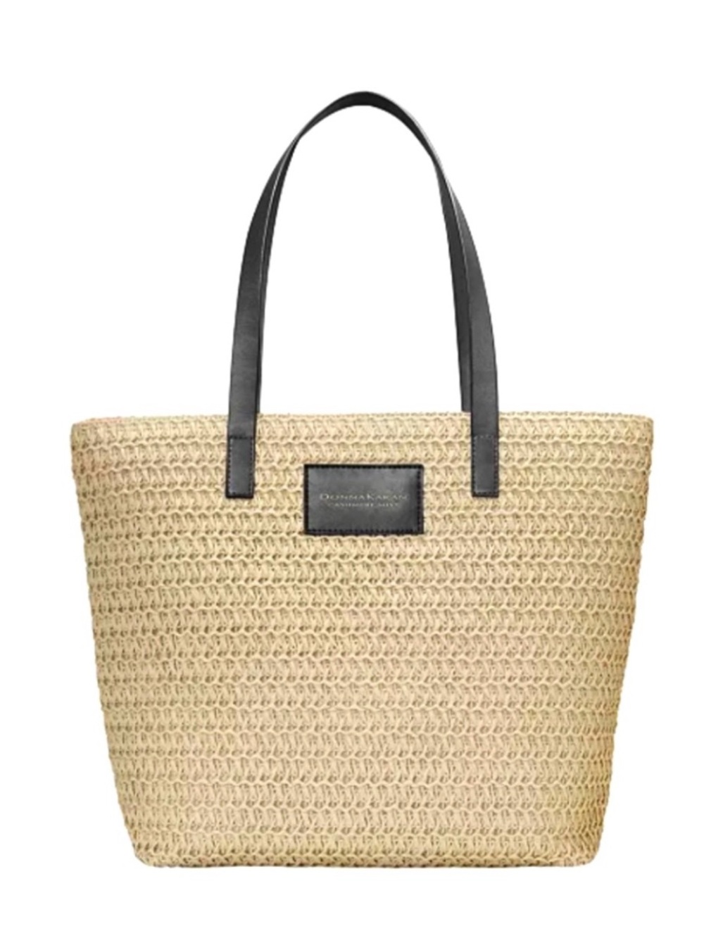 DONNA KARAN CASHMERE MIST STRAW BEACH/TRAVEL TOTE BAG & DARK BROWN VINYL STRAPS